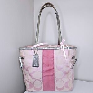Coach Pink Signature Canvas Tote Bag Silver Leather Trim Purse Handbag